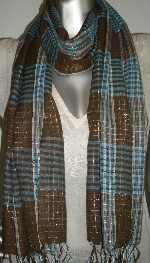 Scarves with Checks Design and Silver - Viscose, 50x180 cm, Brown Blue Silver | Soft, Durable, Customizable Shawls