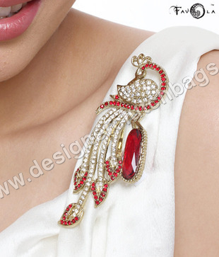 Designer Broach - Metal Rhinestone 6x3 cm Red, Gold Plated | Elegant Design, Eye-Catching Appeal, Easy Attachment, Durable Materials