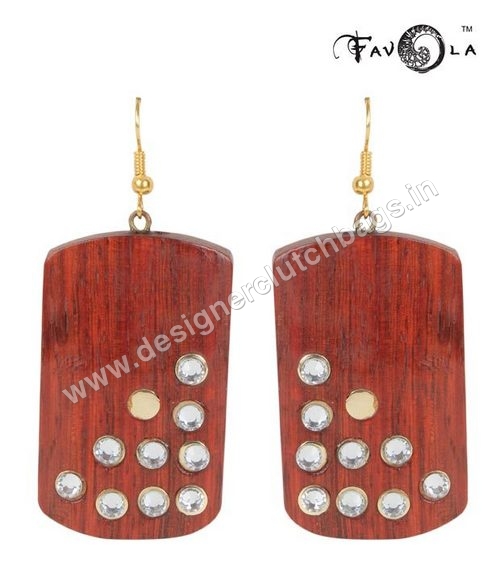 Ear Rings - Wood 50x20 Mm Red, Polished Finish, Hook Fastening, Stylish Durable Trendy Design