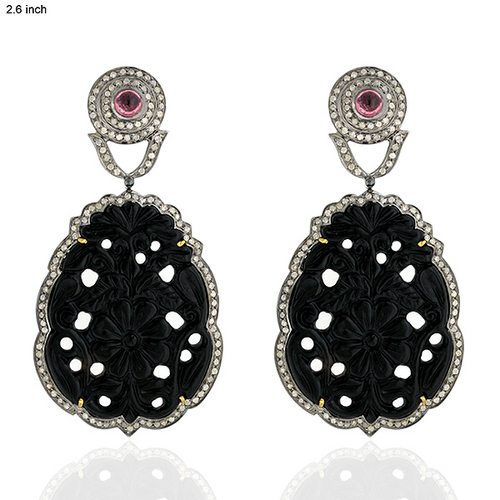 Carved Gemstone Pave Diamond Earrings - 18k Gold & Silver, 2.6 Inch | 65.83 Ct Gemstones, 2.56 Ct Diamonds, Elegant Design