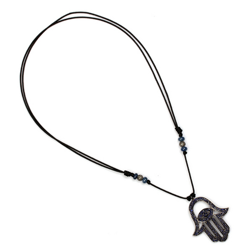 Hamsa Macrame Diamond Necklace - Silver 14.86g, 0.46 Ct Diamond, 11.03 Ct Gemstone, Handcrafted Macrame Cord