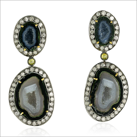 Geode Diamond Earring Jewelry - Agate, Diamond, Metal, 1.5-2 Inches, Black | Elegant Design, Durable, Unique Style