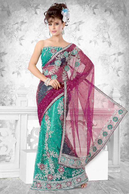 Trendy Embroidered Net Lehenga Saree