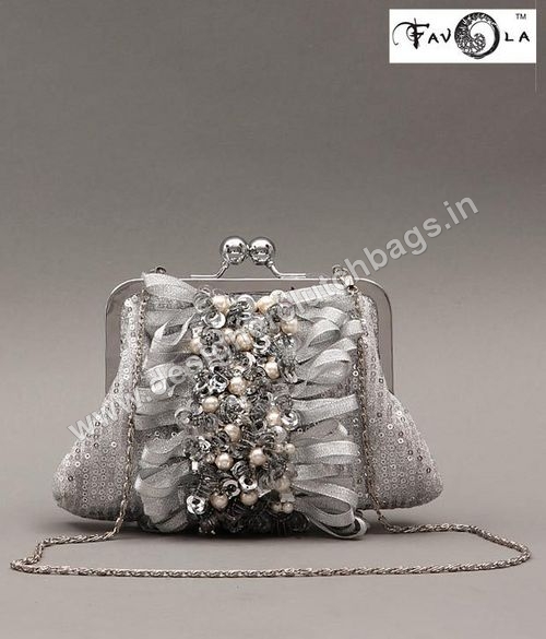 Clutch Bags - Fabric & Metal, 15x10x5 cm, Silver | Elegant Design, Spacious Interior, Secure Frame Clasp Closure