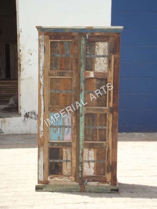 Reclaimed Wooden Almirah - Variable Dimensions, Double Doors | Durable Recycled Wood, Multi-Colored Finish, Metal Hardware, Eco-Friendly Design