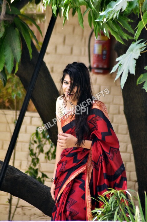Pure Silk Chanderi Sarees - Standard Size Red Color Printed Pattern | Soft Light to Carry Quick Dry Washable