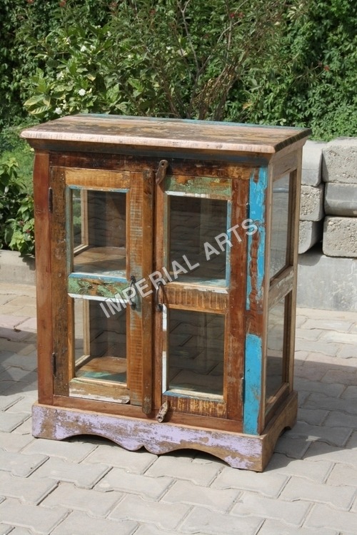 Recycled Wooden Small Sideboard - Recycled Wood, 30x20x12 Inches | Distressed Finish, Tempered Glass, Metal Hardware, Durable Eco-Friendly Storage