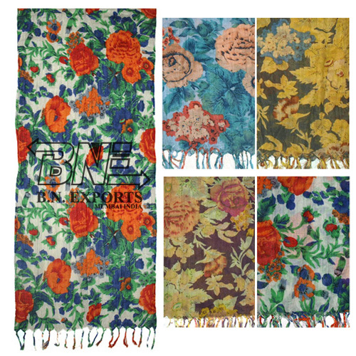 Printed Stole - 100% Cotton, 50x180cm, Crinkle Print, Single Knot Self-Fringes, Soft Durable Fabric