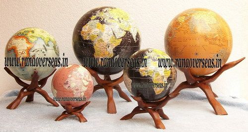 Yellow And Grey World Globe, Paper Pasted On Plastic Balls With Wooden Stands.