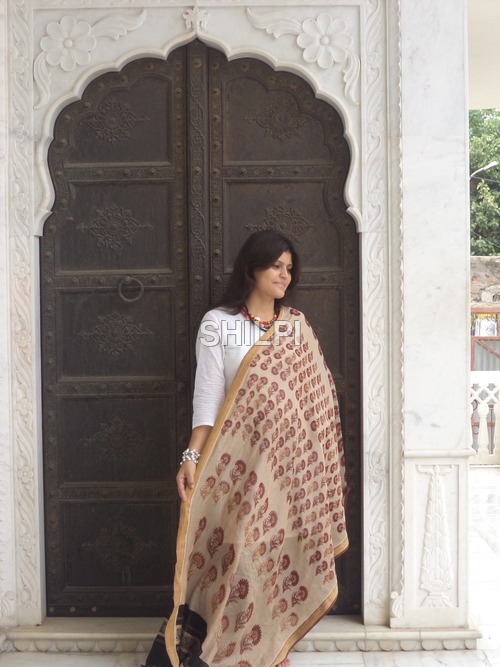 Mughal Design Dupatta - Cotton, Standard Size, Cream | Light In Weight, Quick Dry, Washable, Hand Block Printed With Gicha Border