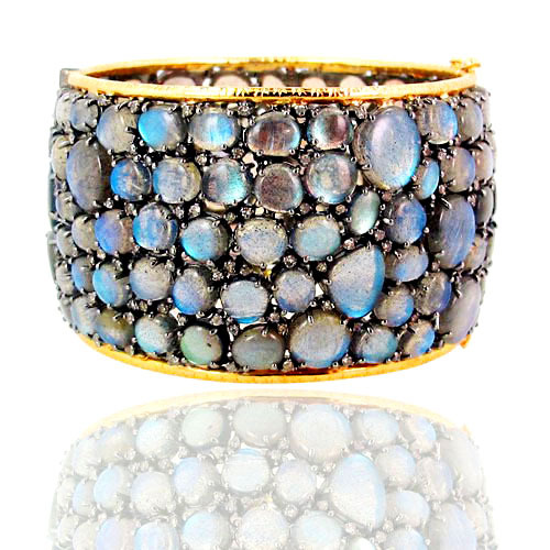 14k Gold Labradorite Gemstone Bangle - 72x42 mm, 14k Yellow Gold, White Labradorite, 3.55 CTS Diamond, 92.36 GMS | Elegant Design, Skin Friendly, Wedding & Party Jewelry