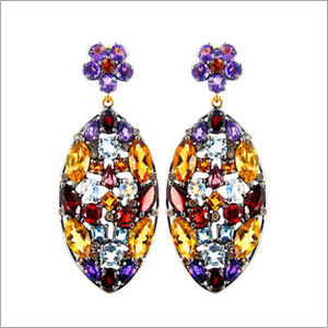 Gold Multi Color Gemstone Dangle Earrings
