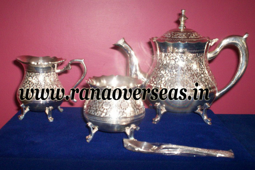 Brass Silver Plated Tea Set With Sugar Pot, Milk Pot And Spoon