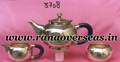 Round Brass Metal Silver Plated Tea Set With Sugar Pot, Milk Pot  