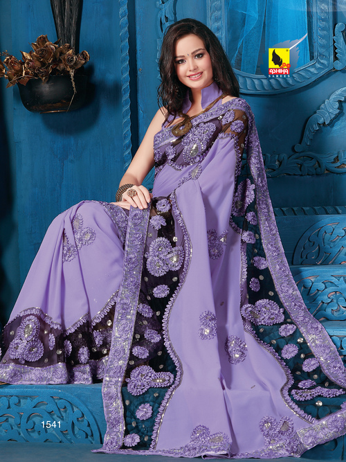 Bridal Wear Sarees - Silk, 5.5 Meters, Lavender | Handcrafted Embroidery, Matching Blouse, Sequins, Zari
