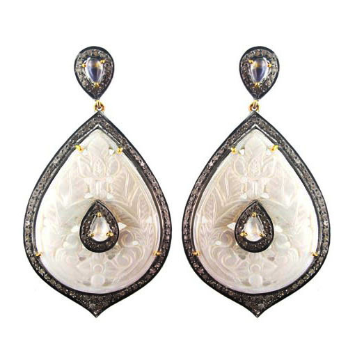 Gold Black Onyx Carving Dangle Earring