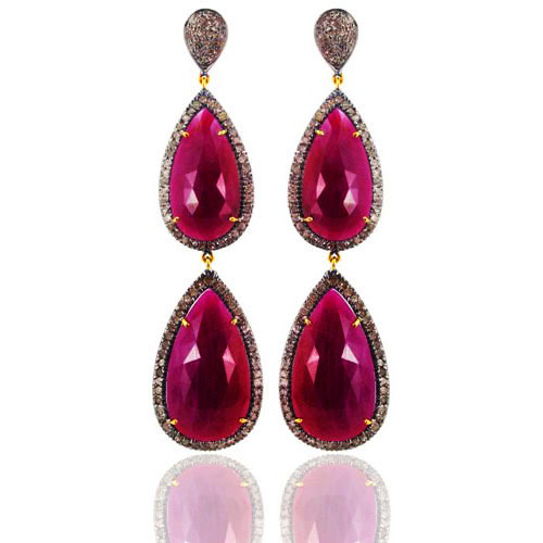Precious Ruby Gemstone Gold Dangle Earrings