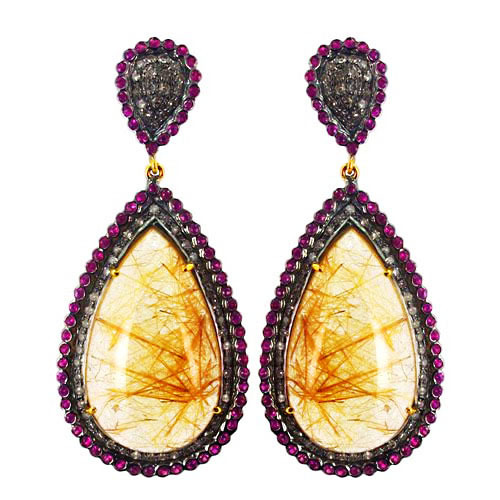 Diamond Rutile Quartz & Ruby Earrings