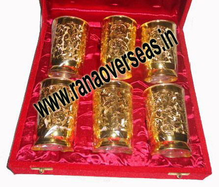 Gold Plated 24K Glass Set of 6 Pcs developed in Brass Metal. 