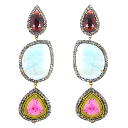 Pave Diamond Gold Gemstone Dangle Earrings
