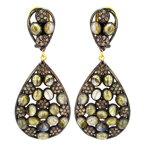 Labradorite Gemstone Pave Diamond Earrings