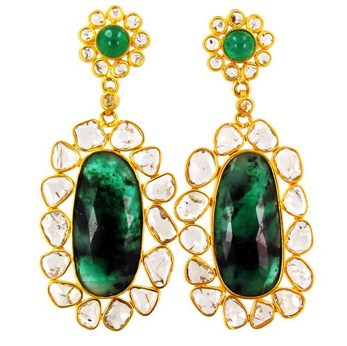 Emerald Gemstone Slice Diamond Earrings