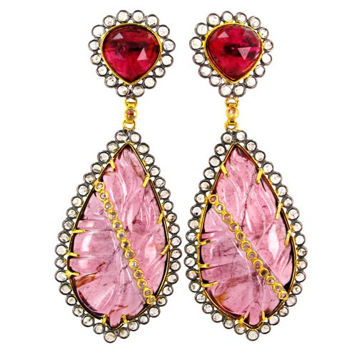 Gold Multi Tourmaline Carving Earrings