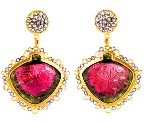 Gold Multi Tourmaline Carving Earring