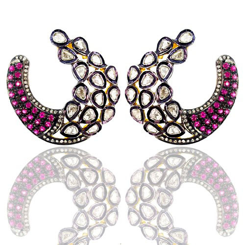 Rose Cut Diamond Pink Tourmaline Earrings - 14k Gold, 2.1 CTS Diamond, 1.44 CTS Pink Tourmaline, Handmade Elegant Design