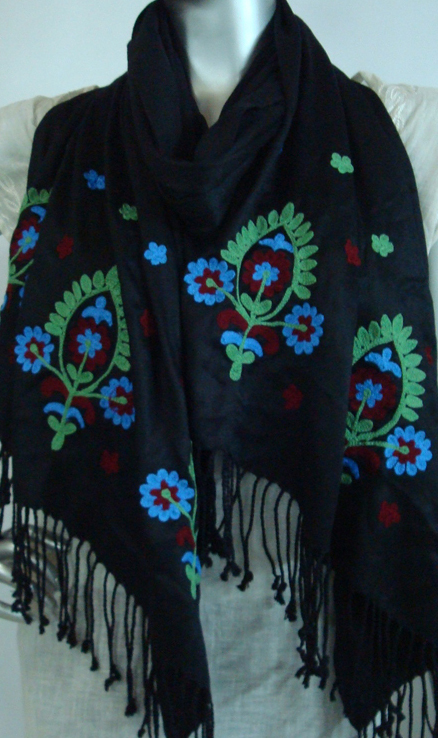Stole with Embroidery Design - Satin Viscose 50x180 cm Black | Floral Embroidery Soft Fabric Fringe Customizable