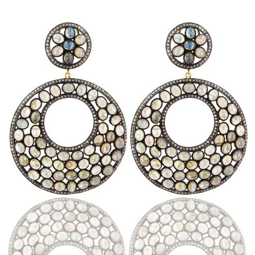 Diamond Labradorite Round Gemstone Earrings - 14k Gold, Silver, 4.03 Ct Diamonds, 49.05 Ct Labradorite | Elegant Design, Versatile Style