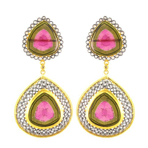 Multi Tourmaline Carving Dangle Earring - 14k Gold, Silver, Diamond 6.35 CTS, Tourmaline 42.69 CTS | Elegant Design, Gemstone Accents, Fine Craftsmanship