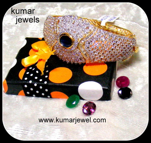 Designer Color Bracelet - Gold Plated, Adjustable Size, White, Color Changing Stones, Open Cuff Bangle