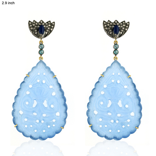 Carved Blue Agate Diamond Dangle Earrings