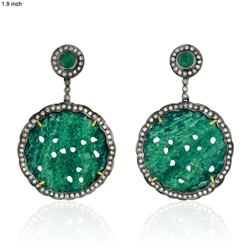 Carved Aventurine Diamond Dangle Earrings