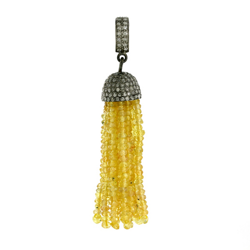 Yellow Sapphire Diamond Tassel Pendant - 18k Gold Silver, 52x10 mm, 0.77 Ct Diamond, 20.23 Ct Gemstones, Elegant Design