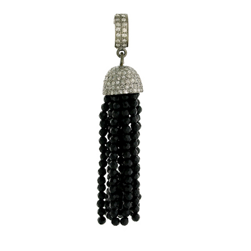 Pave Diamond Cap Gemstone Tassel Pendant - 18k Gold & Silver, 52x10 mm, Black Onyx | 0.8 Ct Diamonds, Elegant Design