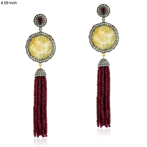 104mm Carved Jade Diamond Tassel Earrings