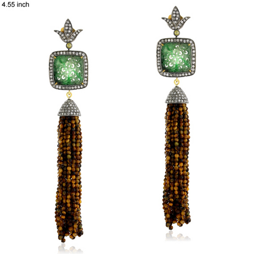 Tiger Eye Beads Diamond Tassel Earrings
