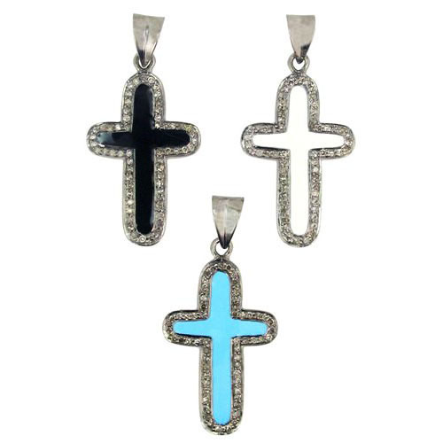 Silver Holly Cross Enamel Charm Pendant