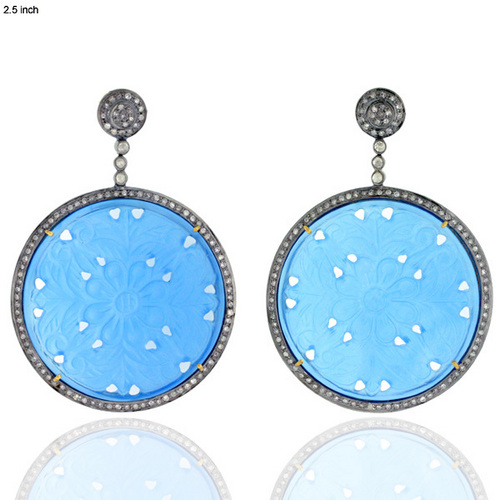 61mm Designer Pave Diamond Earrings - 18k Gold & Silver, 61x46mm, Light Blue | Elegant Design, 2.51 Ct Diamonds, 92.24 Ct Gemstones