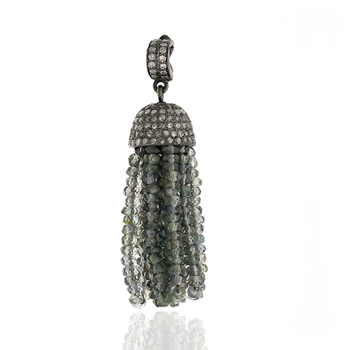 41mm Pave Diamond Tassel Pendant - 18k Gold & Silver, 41x10 mm, 0.84 Ct Diamonds, 19.18 Ct Gemstones, Elegant Design