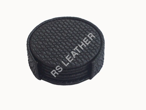 Coaster set black woven leatherette
