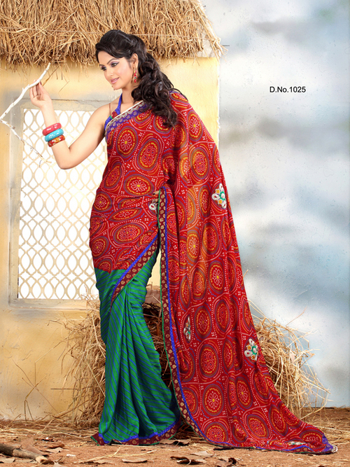 Prined Georgette Saree - Georgette, 5.5 Meters, Red Green, Rajasthani Print, Fancy Lace Border, Resham Zari Work