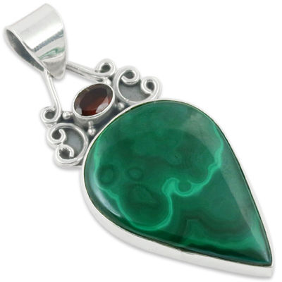 Garnet & Malachite Gemstone Silver Pendant Jewellery