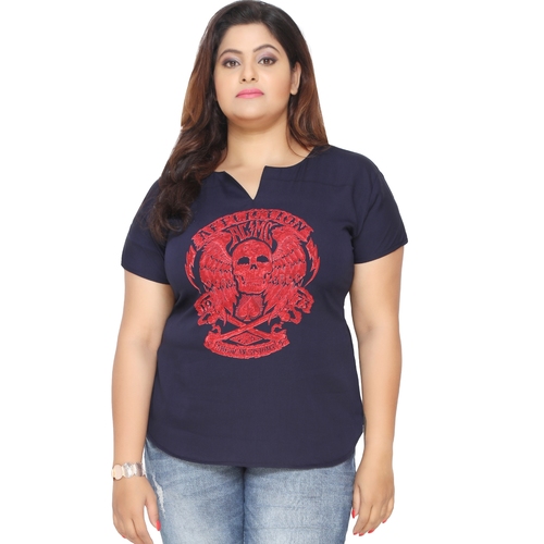 Plus Size Crepe Kurti - Navy With Red Embroidery, Round Neck, Hip Length | Elegant Design, Comfortable Fabric, Short Sleeves