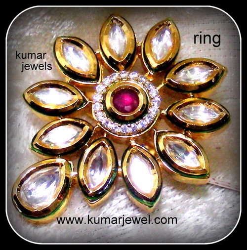 Kundan Ring - Gold Adjustable Size | Royal Style Ruby Center CZ Accents Elegant Leaf Design