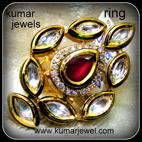 Kundan Ring - Gold Plated, Adjustable Size, Red Center Stone, Leaf Shape, CZ Stones