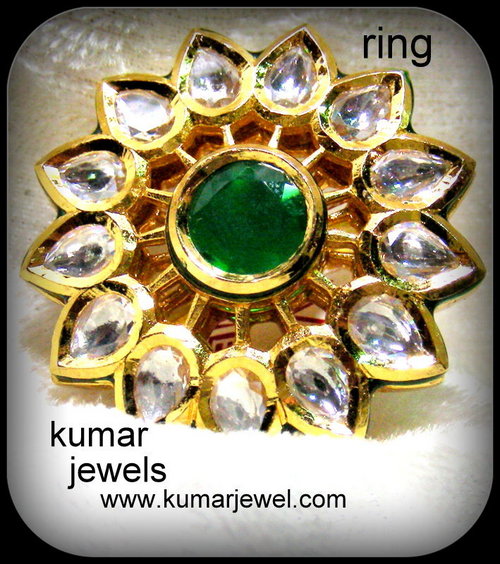 Kundan Ring - Gold, Round 7-10mm, Green Stone | Elegant Design, Special Occasions, Traditional Attire