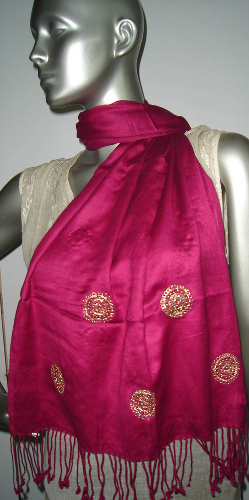 Satin Viscose Stole With Embroidery - 50x180 cm Pink With Gold Embroidered Design Soft Fabric Fringe